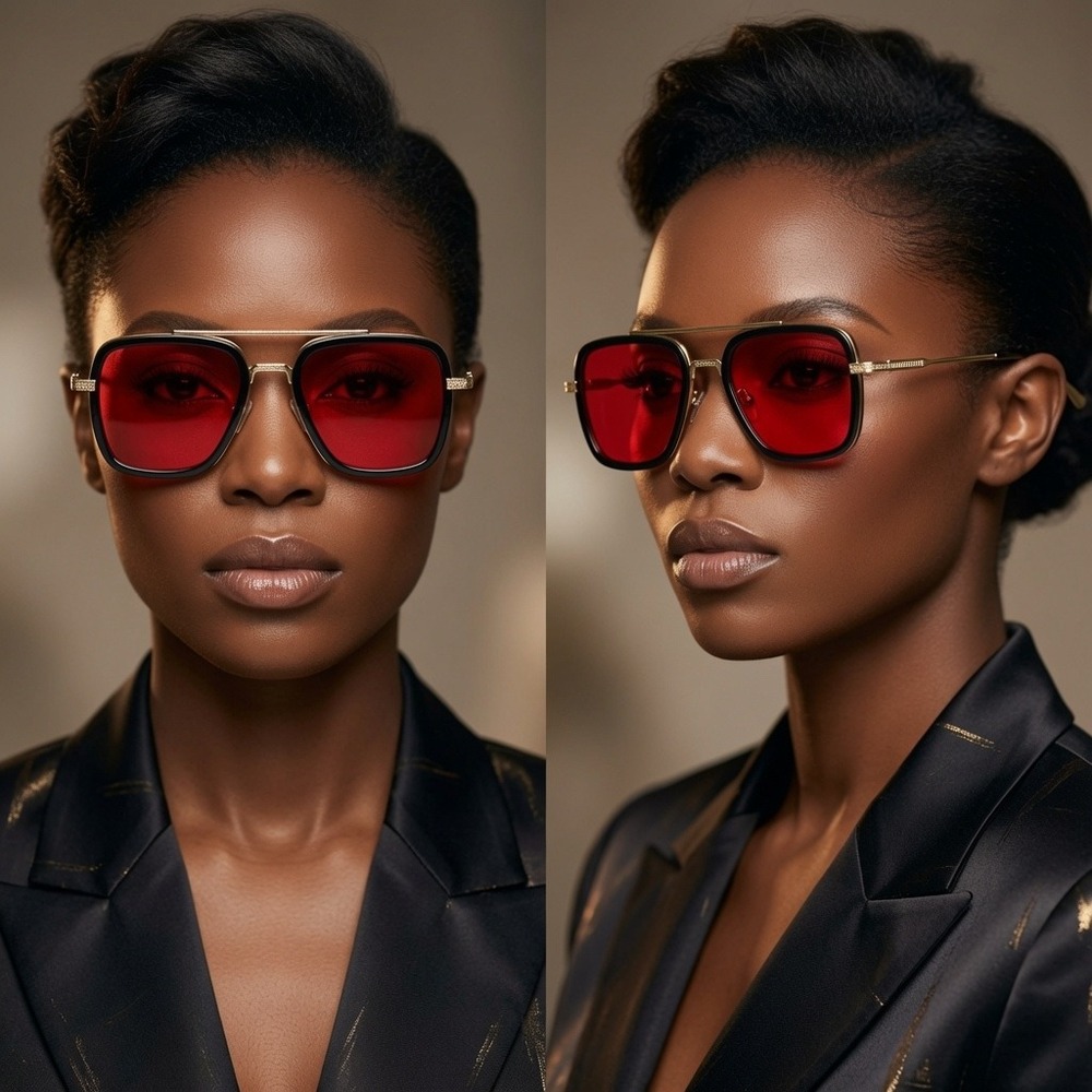 Square Women Sunglasses Red Tinted Lens Gold Black Frameโ Oversized UV400 Lentes